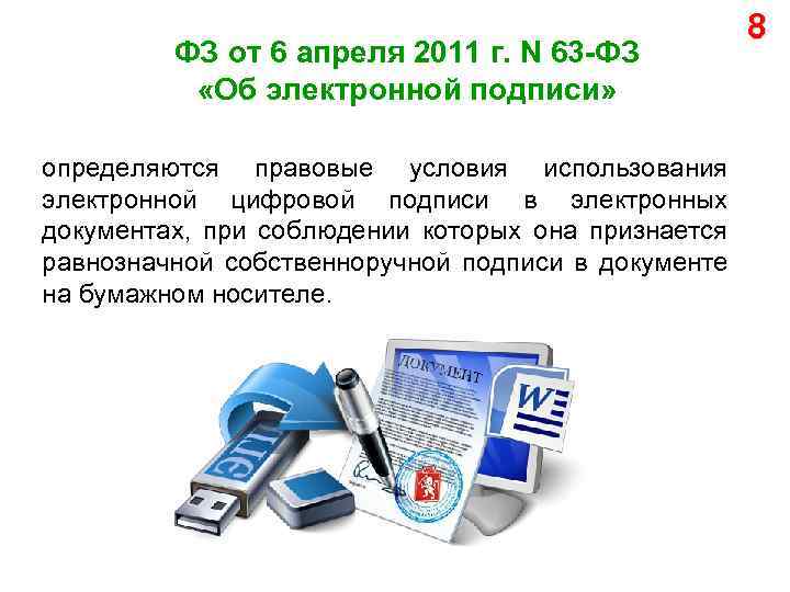 ФЗ от 6 апреля 2011 г. N 63 -ФЗ «Об электронной подписи» определяются правовые
