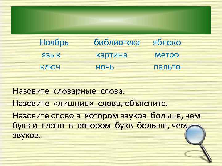 Ноябрь язык ключ библиотека картина ночь яблоко метро пальто Назовите словарные слова. Назовите «лишние»
