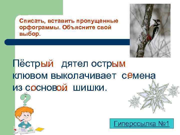 Списать, вставить пропущенные орфограммы. Объясните свой выбор. Пёстр… дятел остр… ый ым е клювом