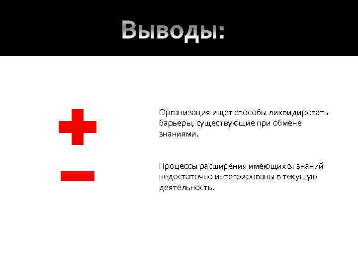  Организация ищет способы ликвидировать барьеры, существующие при обмене знаниями. Процессы расширения имеющихся знаний
