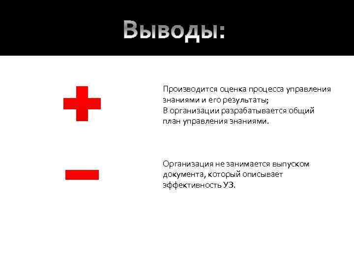 Производится оценка процесса управления знаниями и его результаты; В организации разрабатывается общий план