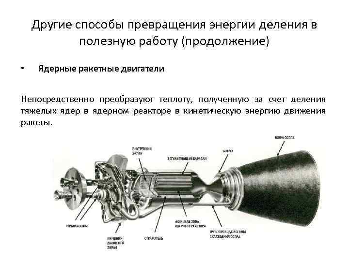 Другие способы превращения энергии деления в полезную работу (продолжение) • Ядерные ракетные двигатели Непосредственно