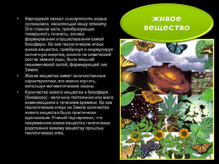  • • • Вернадский назвал совокупность живых организмов, населяющих нашу планету. Это главная