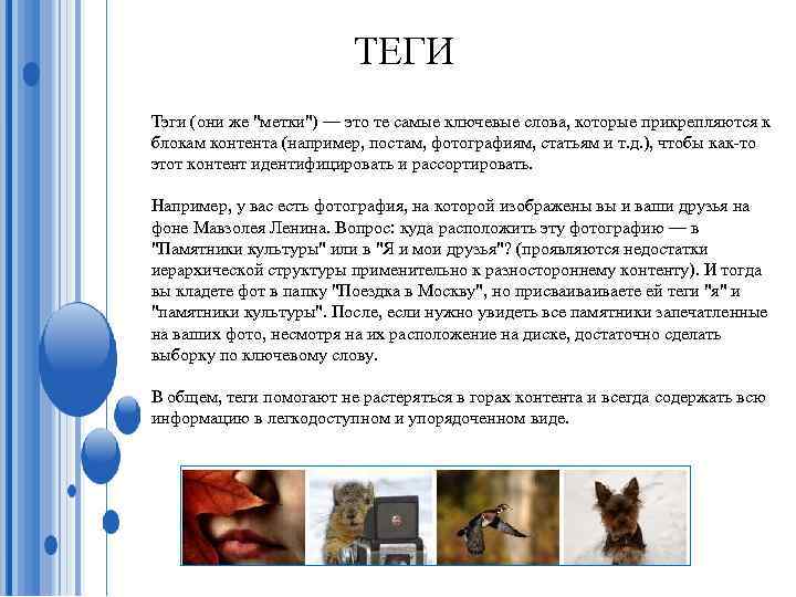 ТЕГИ Тэги (они же "метки") — это те самые ключевые слова, которые прикрепляются к