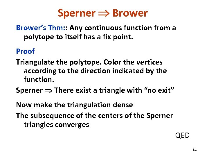 Sperner Brower’s Thm: : Any continuous function from a polytope to itself has a