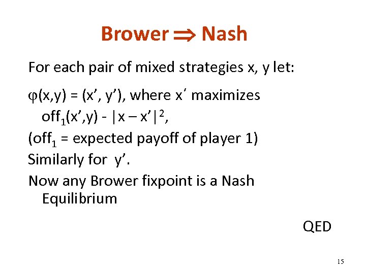 Brower Nash For each pair of mixed strategies x, y let: (x, y) =