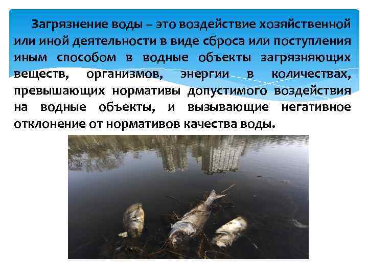 Загрязнение воды – это воздействие хозяйственной или иной деятельности в виде сброса или поступления