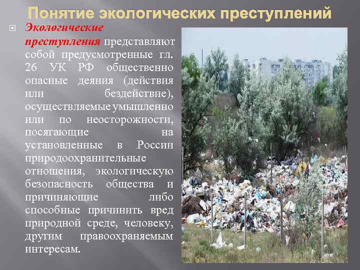 Понятие экологических преступлений Экологические преступления представляют собой предусмотренные гл. 26 УК РФ общественно опасные