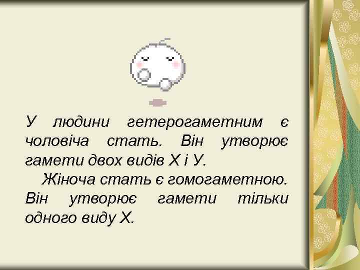 У людини гетерогаметним є чоловіча стать. Він утворює гамети двох видів Х і У.