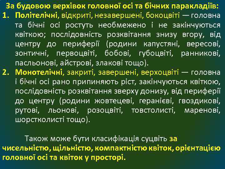 За будовою верхівок головної осі та бічних паракладіїв: 1. Політелічні, відкриті, незавершені, бокоцвіті —