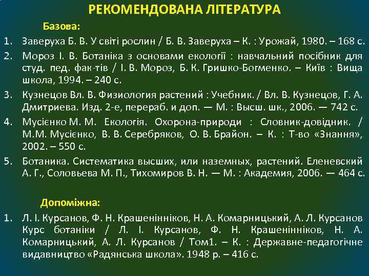 РЕКОМЕНДОВАНА ЛІТЕРАТУРА 1. 2. 3. 4. 5. Базова: Заверуха Б. В. У світі рослин