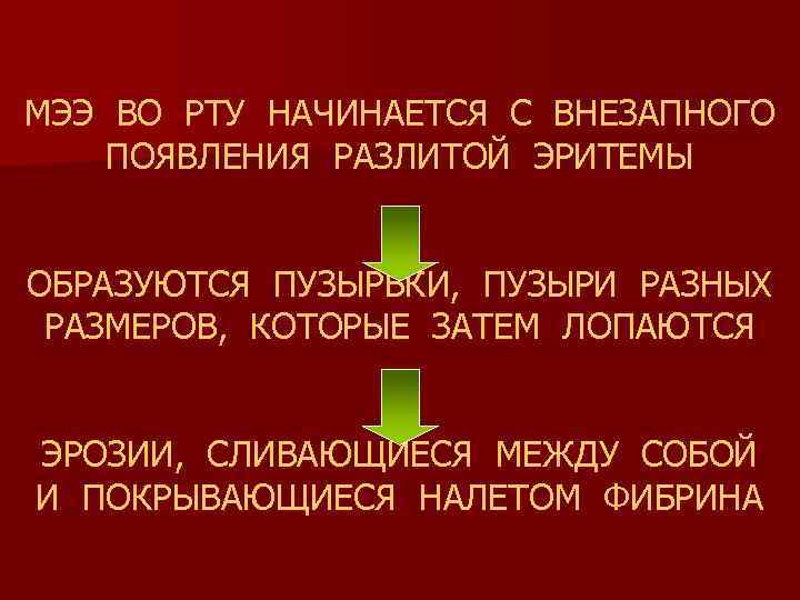 МЭЭ ВО РТУ НАЧИНАЕТСЯ С ВНЕЗАПНОГО ПОЯВЛЕНИЯ РАЗЛИТОЙ ЭРИТЕМЫ ОБРАЗУЮТСЯ ПУЗЫРЬКИ, ПУЗЫРИ РАЗНЫХ РАЗМЕРОВ,