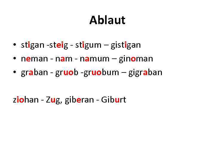 Ablaut • stigan -steig - stigum – gistigan • neman - namum – ginoman