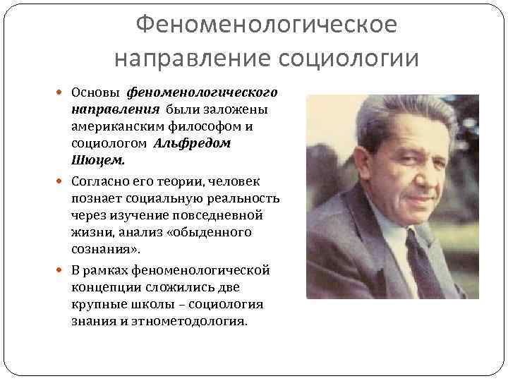 Феноменологическое направление социологии Основы феноменологического направления были заложены американским философом и социологом Альфредом Шюцем.
