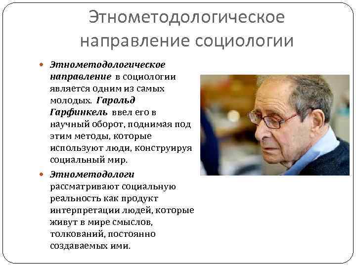 Этнометодологическое направление социологии Этнометодологическое направление в социологии является одним из самых молодых. Гарольд Гарфинкель
