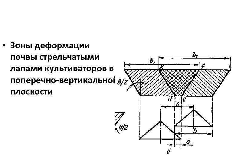  • Зоны деформации почвы стрельчатыми лапами культиваторов в поперечно-вертикальной плоскости 