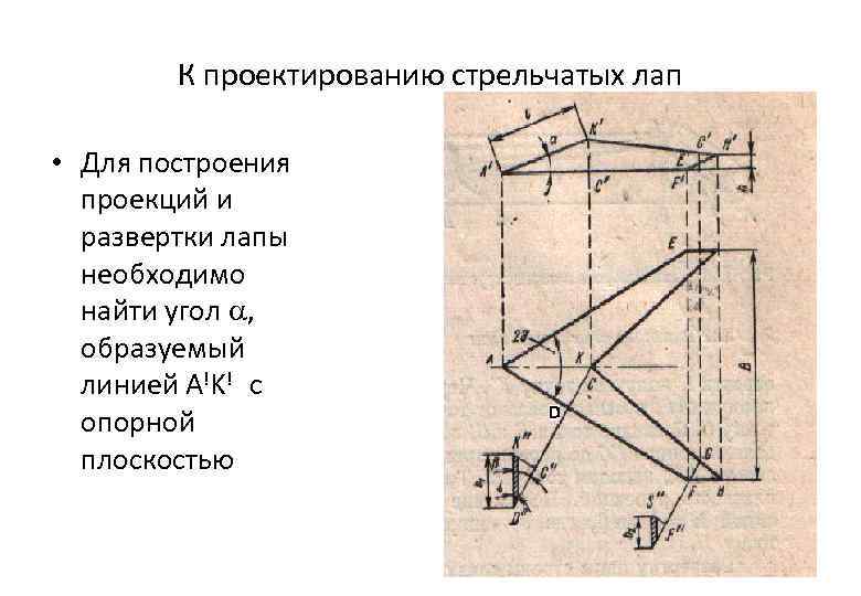 К проектированию стрельчатых лап • Для построения проекций и развертки лапы необходимо найти угол