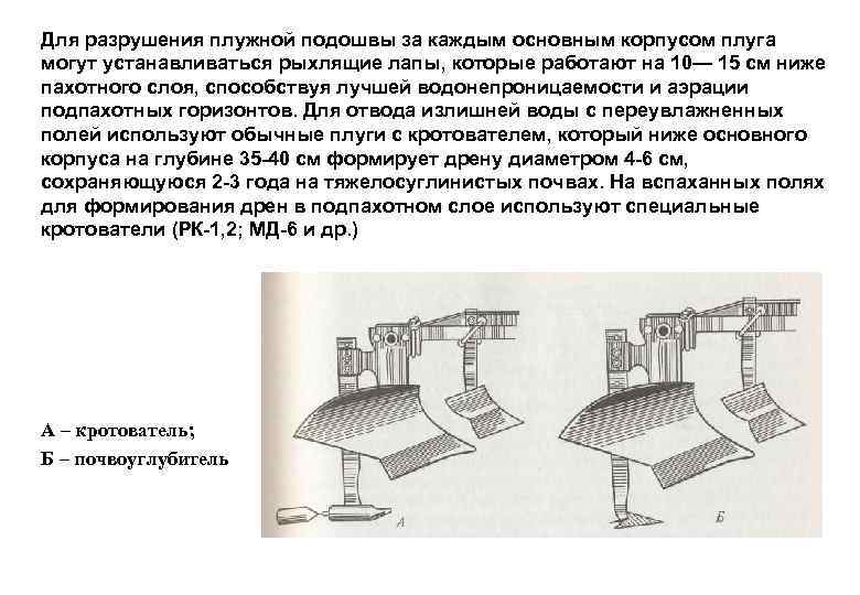 Для разрушения плужной подошвы за каждым основным корпусом плуга могут устанавливаться рыхлящие лапы, которые