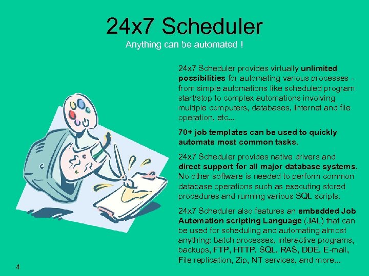 24 x 7 Scheduler Anything can be automated ! 24 x 7 Scheduler provides