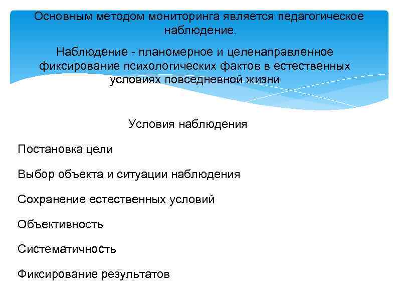 Ситуации наблюдения. Основным методом мониторинга является. Способы (формы) фиксации педагогического наблюдения:. Условия эффективности наблюдения. Условия наблюдения метод.