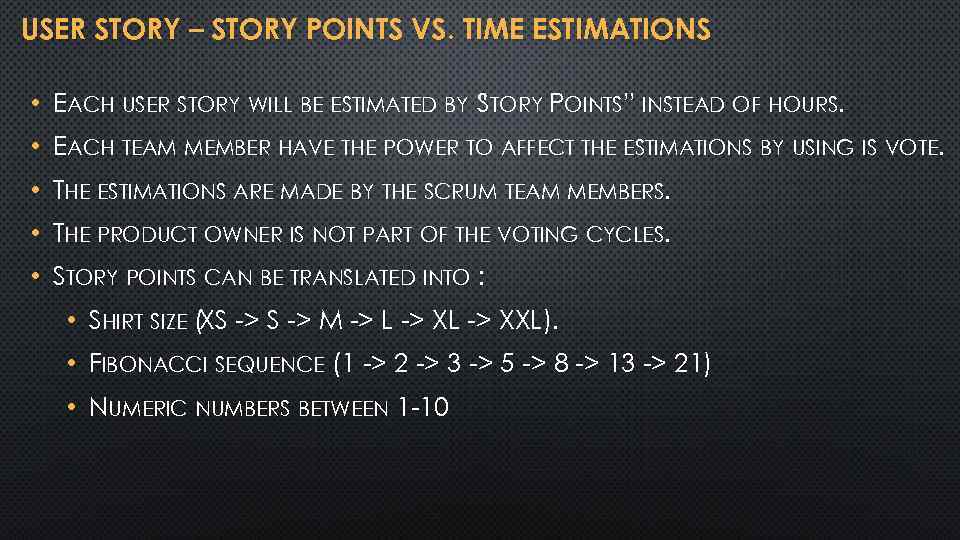 USER STORY – STORY POINTS VS. TIME ESTIMATIONS • EACH USER STORY WILL BE