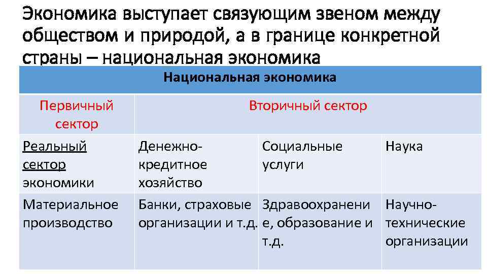 Экономика выступает связующим звеном между обществом и природой, а в границе конкретной страны –