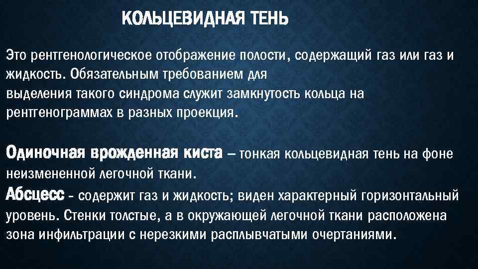 КОЛЬЦЕВИДНАЯ ТЕНЬ Это рентгенологическое отображение полости, содержащий газ или газ и жидкость. Обязательным требованием