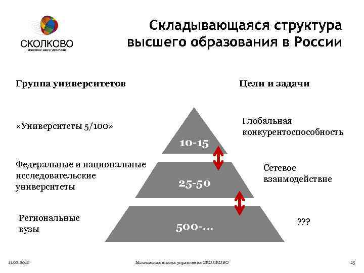 Складывающаяся структура высшего образования в России Цели и задачи Группа университетов «Университеты 5/100» 10