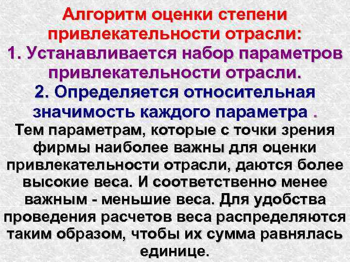 Алгоритм оценки степени привлекательности отрасли: 1. Устанавливается набор параметров привлекательности отрасли. 2. Определяется относительная