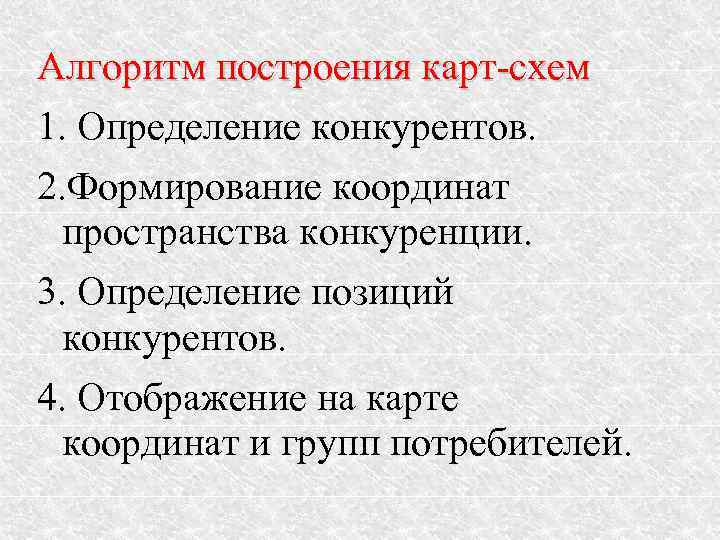 Алгоритм построения карт-схем 1. Определение конкурентов. 2. Формирование координат пространства конкуренции. 3. Определение позиций