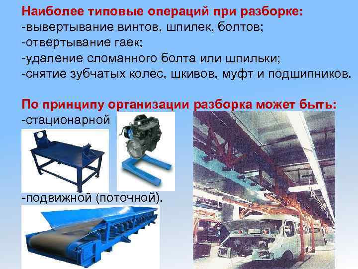 Наиболее типовые операций при разборке: -вывертывание винтов, шпилек, болтов; -отвертывание гаек; -удаление сломанного болта