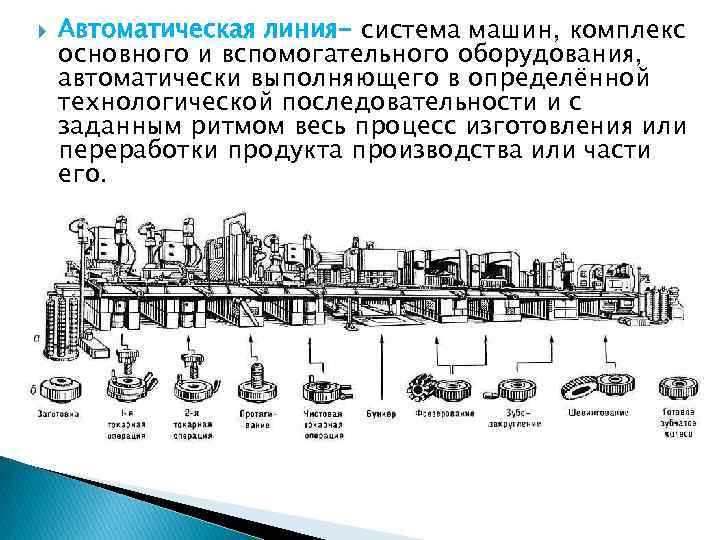  Автоматическая линия- система машин, комплекс основного и вспомогательного оборудования, автоматически выполняющего в определённой