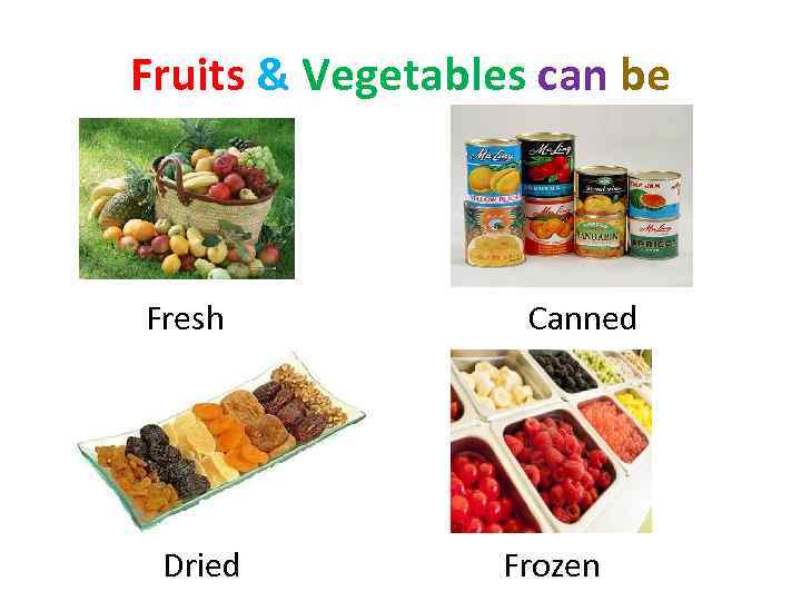 Fruits & Vegetables can be Fresh Dried Canned Frozen 