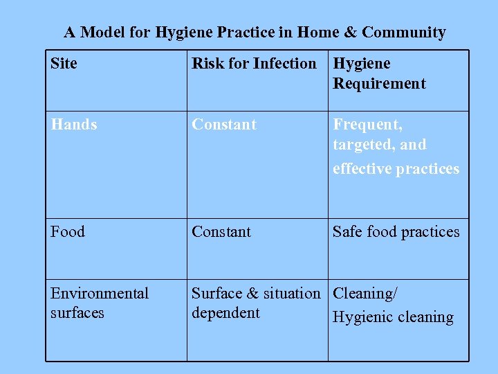 A Model for Hygiene Practice in Home & Community Site Risk for Infection Hygiene