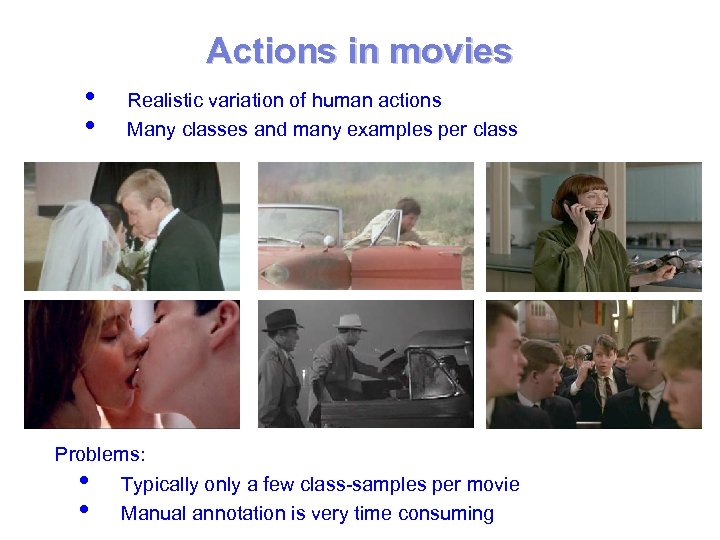 Actions in movies • • Realistic variation of human actions Many classes and many