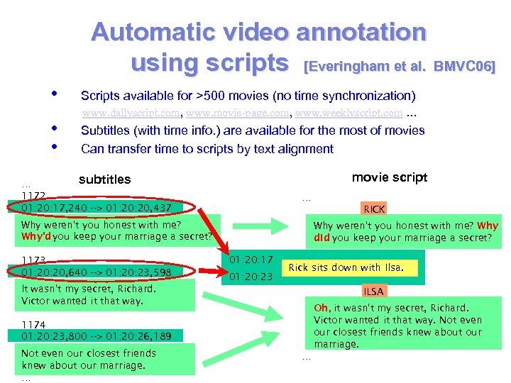 Automatic video annotation using scripts [Everingham et al. BMVC 06] • • • Scripts