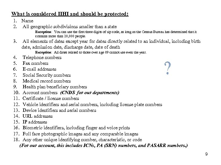 What is considered IIHI and should be protected: 1. Name 2. All geographic subdivisions