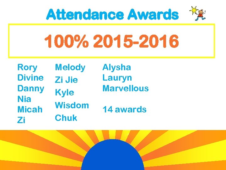 Attendance Awards 100% 2015 -2016 Rory Divine Danny Nia Micah Zi Melody Zi Jie