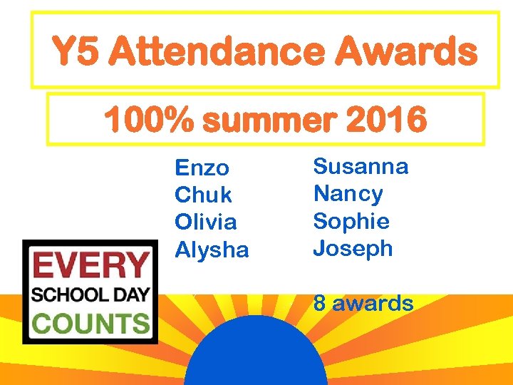 Y 5 Attendance Awards 100% summer 2016 Enzo Chuk Olivia Alysha Susanna Nancy Sophie