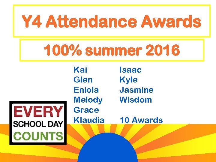 Y 4 Attendance Awards 100% summer 2016 Kai Glen Eniola Melody Grace Klaudia Isaac