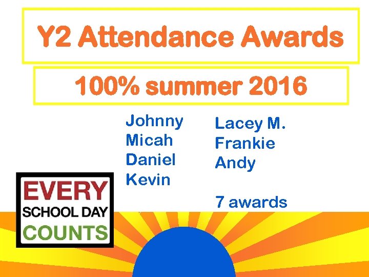Y 2 Attendance Awards 100% summer 2016 Johnny Micah Daniel Kevin Lacey M. Frankie