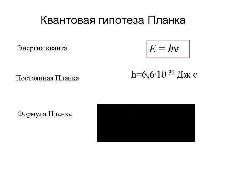 Квантовая гипотеза Планка Энергия кванта Постоянная Планка Формула Планка E = hν h=6, 6.