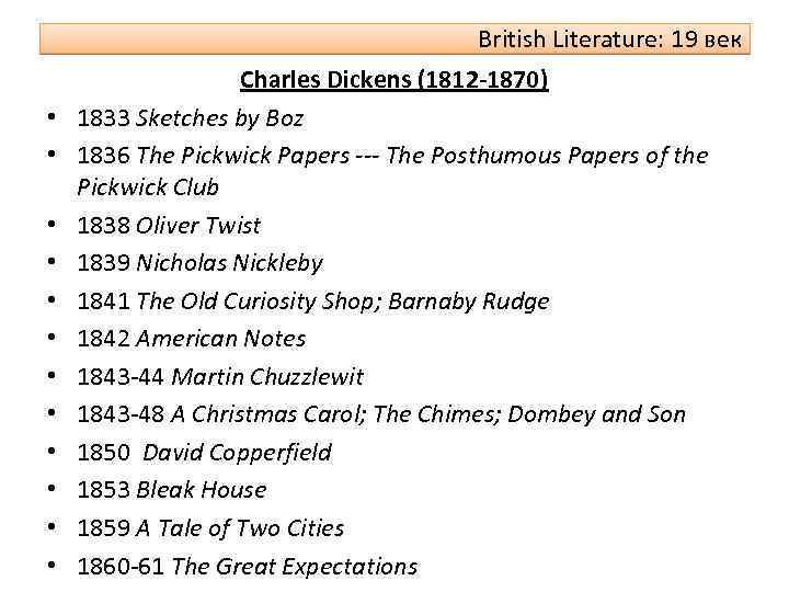 British Literature: 19 век • • • Charles Dickens (1812 -1870) 1833 Sketches by