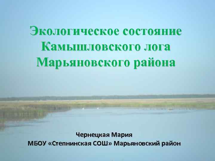Экологическое состояние Камышловского лога Марьяновского района Чернецкая Мария МБОУ «Степнинская СОШ» Марьяновский район 