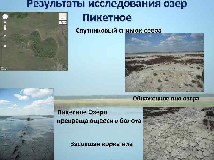 Результаты исследования озер Пикетное Спутниковый снимок озера Обнаженное дно озера Пикетное Озеро превращающееся в