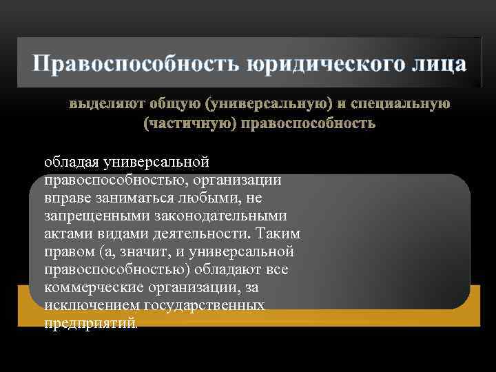 Правоспособность юридического лица выделяют общую (универсальную) и специальную (частичную) правоспособность обладая универсальной правоспособностью, организации