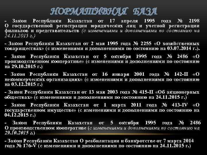 НОРМАТИВНАЯ БАЗА - Закон Республики Казахстан от 17 апреля 1995 года № 2198 О
