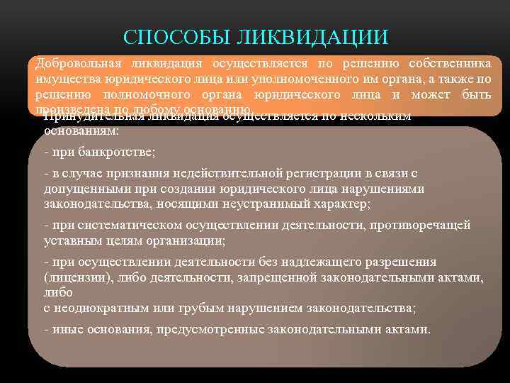 СПОСОБЫ ЛИКВИДАЦИИ Добровольная ликвидация осуществляется по решению собственника имущества юридического лица или уполномоченного им