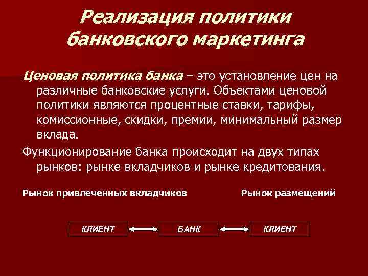 Реализация политики банковского маркетинга Ценовая политика банка – это установление цен на различные банковские