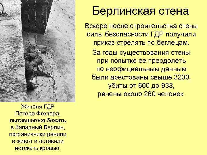 Берлинская стена Вскоре после строительства стены силы безопасности ГДР получили приказ стрелять по беглецам.